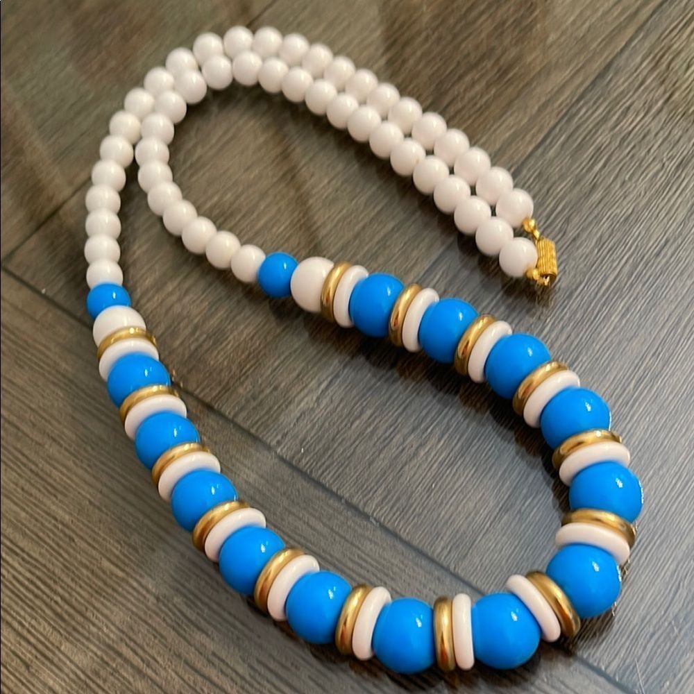 Vintage TurquoiseโBlue and White Beaded Necklace